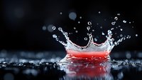 Red liquid splash crown formation with water droplets against dark background, high-speed macro photography capturing dynamic fluid motion and light reflection.