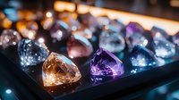 Sparkling gemstones and crystals in various colors including purple, amber, and clear displayed on dark surface with soft lighting creating luxurious jewelry atmosphere.