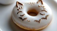 White glazed donut decorated with golden bat pattern and cat face design, creative Halloween-themed pastry on light background, festive seasonal treat.