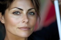 Close-up portrait of a middle-aged woman with light skin tone, blue eyes, and dark hair styled back. Suitable for healthcare, wellness, and professional business concepts.