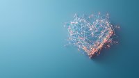 Glowing heart shape formed by connected dots and lines on blue background, representing digital love, network connections and modern romance concept.