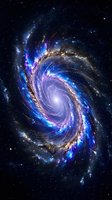 Spiral galaxy with glowing blue and purple arms rotating around bright central core, surrounded by stars and cosmic dust in deep space, suitable for astronomy, science education, and space exploration backgrounds.