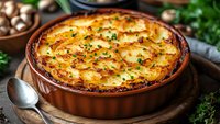 Golden baked potato gratin with herbs in ceramic dish on wooden board. Creamy layered casserole with fresh parsley garnish for comfort food recipes.