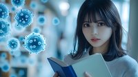 Young Asian woman in white sweater reading book against background with floating blue virus cell structures, concept of education during pandemic.