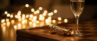 Elegant champagne flute and ornate cork on wooden surface with warm golden bokeh lights creating luxurious celebratory atmosphere for special occasions.