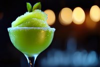 Fresh lime margarita cocktail with salt rim and lime garnish served in martini glass against blurred warm lights background, close up view for menu design.
