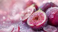 Fresh ripe fig cut in half showing juicy pink flesh with water drops on purple background with bokeh lights and soft dreamy atmosphere.