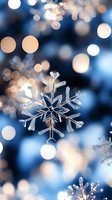 Sparkling crystal snowflake ornament against blurred blue and white bokeh lights background creates magical winter holiday atmosphere.