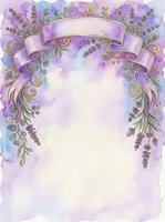 Lavender floral frame with ornate ribbons and gold scrollwork on watercolor background. Isolated design element suitable for invitations, greeting cards, and stationery projects.