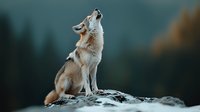 Majestic wolf howling on rocky mountain peak at dusk, wild predator against moody forest background showcases natural animal behavior and wilderness atmosphere.