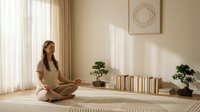 Young woman practicing meditation in minimalist living room with bonsai trees and books creating peaceful zen atmosphere for mindfulness and relaxation.
