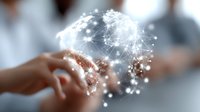Hands touching digital network sphere with glowing connections and nodes, representing global technology and digital transformation in business environment.