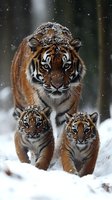 Majestic tiger mother with two cubs walking through snowy forest during winter storm, snow flakes falling on their fur creating magical wildlife scene in natural habitat.