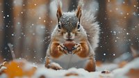 Adorable gray squirrel holding acorn in snowy winter forest with falling snowflakes creating magical seasonal wildlife scene for nature lovers.