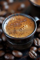 Fresh espresso with golden crema in glass cup surrounded by roasted coffee beans on wooden surface for cafe menu and beverage advertising.