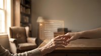 Elderly and young hands touching over a glowing transparent digital tablet, symbolizing intergenerational care, technology, and family support at home.