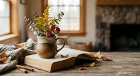 Cozy autumn still life with ceramic pitcher filled with dried flowers, open book and warm blanket on wooden table near fireplace for seasonal home decor.