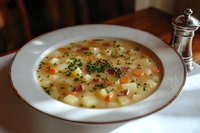 Homemade vegetable soup with potatoes, carrots and herbs in white bowl on wooden table, comfort food for cold weather, restaurant serving.