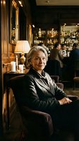 Elegant senior businesswoman in dark suit sitting confidently in upscale bar lounge with warm lighting and classic interior design atmosphere.