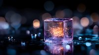 Glowing ice cube with magical sparkles on dark background with bokeh lights and water reflection creates mystical atmosphere for fantasy designs.