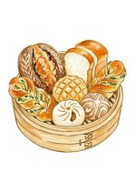 Wicker basket filled with assorted fresh baked bread loaves, rolls, and pastries in warm golden tones, isolated on white background for bakery, food packaging, and culinary design projects.