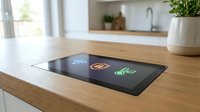 Modern smart kitchen countertop with integrated touchscreen display showing colorful app icons for connected home automation and cooking technology.