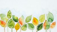 Watercolor autumn leaves in green, yellow and orange tones on white background. Natural botanical elements for seasonal design projects and decorations.