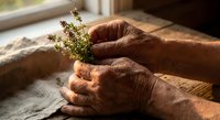 Elderly hands gently holding small flowering plant in warm sunlight, symbolizing care, growth, hope and nurturing nature in golden hour light.