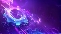 Glowing neon mechanical gears with digital network connections on purple background, modern technological concept for business innovation and automation process.
