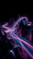 Neon light trails flow through jagged mountain peaks in vibrant magenta and cyan, creating a futuristic digital landscape for tech and gaming design projects.