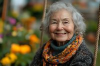 Happy senior Caucasian woman with gray curly hair wearing colorful knitted scarf smiling warmly outdoors in autumn garden setting with blurred flowers.