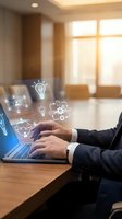 Businessman in suit working on laptop with glowing digital innovation icons floating above screen in modern conference room.