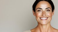 Confident Mediterranean woman with bright white smile and natural makeup against neutral background, radiating positive energy and wellness.