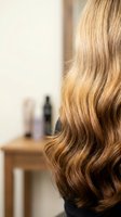 Luxurious blonde wavy hair with golden highlights showcasing healthy shine and texture in modern salon setting for haircare and beauty treatments.