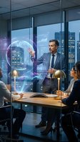 Business executive presenting holographic global data analytics to team in modern conference room with city skyline view at night.