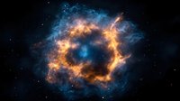 Cosmic nebula with glowing orange and blue gas clouds swirling in deep space, creating a dramatic celestial formation against starry background. Suitable for astronomy themes.