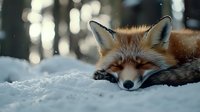 Red fox sleeping peacefully in fresh snow with magical winter bokeh lights in forest background, close up portrait of wild animal at rest.