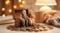 Miniature elderly couple figurines sitting on wooden treasure chest surrounded by golden coins in warm cozy home setting for retirement planning concept.