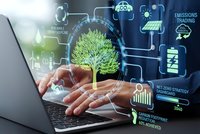 Hands typing on laptop with holographic green tree and sustainability icons showing carbon footprint, emissions trading, and eco technology concepts.