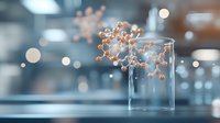 Delicate dried flowers in glass jar against blurred blue background with bokeh lights creating dreamy atmospheric composition. Minimalist still life photography.