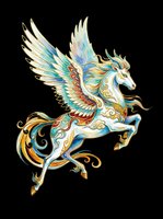 Ornate winged horse with golden accents, turquoise and blue details, isolated on transparent background. Ready for t-shirt design, clipart, stickers, sublimation, and print-on-demand projects.