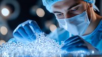 Young male scientist in protective equipment examining transparent spherical particles under blue laboratory lighting. Medical research concept.