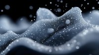 Ethereal waves of glowing particles flow against dark background, creating dynamic motion effect with bokeh lights and sparkling dust in monochromatic blue tones.