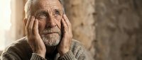 Elderly Caucasian man with white beard resting head in hands, contemplating life with weathered face showing wisdom and experience in warm indoor lighting.