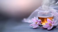 Glass cup of herbal tea with fresh pink lily flowers on blurred background with gentle smoke creating dreamy, romantic atmosphere. Wellness and relaxation concept.