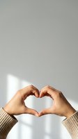 Hands forming a heart shape against a light wall with soft shadows, wearing a beige knit sweater, symbolizing love and care.