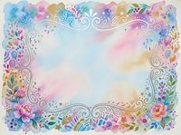 Watercolor floral frame with ornate swirls and colorful flowers on pastel background, isolated design element for invitations, cards and decorative projects.