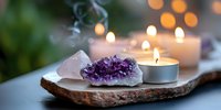 Purple amethyst crystal cluster with lit candle on wooden tray creating peaceful meditation and healing energy atmosphere for wellness rituals.
