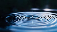Single water drop creating concentric ripples on dark blue surface, captured in macro photography with shallow depth of field. Serene liquid pattern.