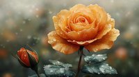 Delicate peach rose with water drops in moody garden setting, bud and bloom composition against dark blurred background with bokeh lights and morning dew.